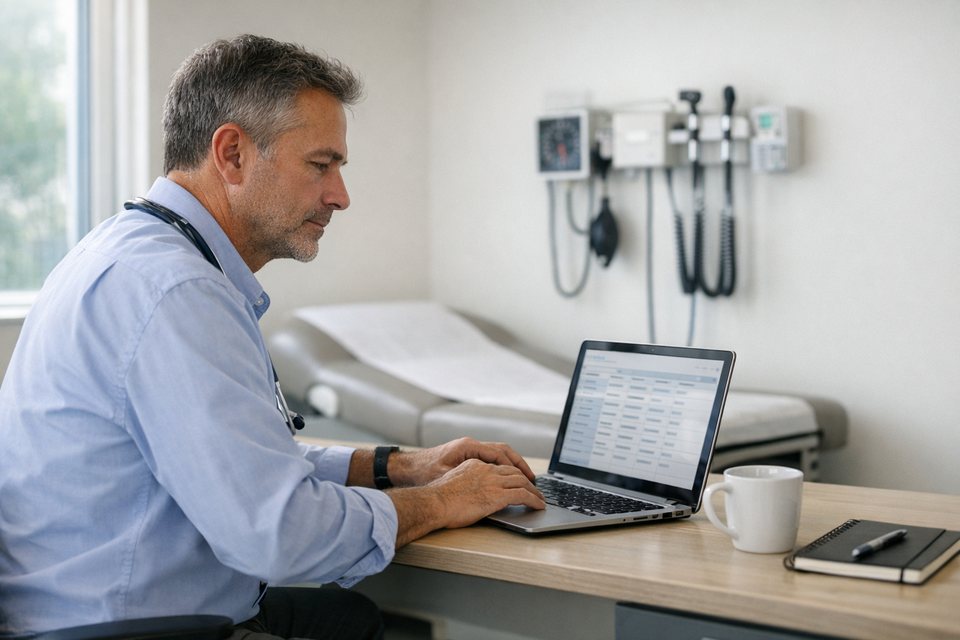 Medico revisando agenda de telemedicina en un consultorio moderno