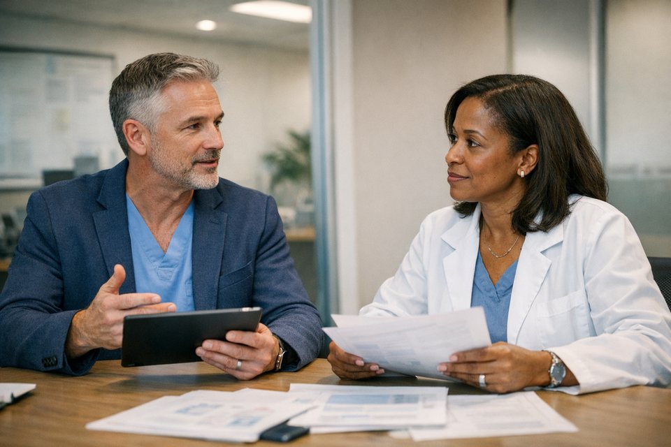 Lideres de practicas medicas en una reunion estrategica